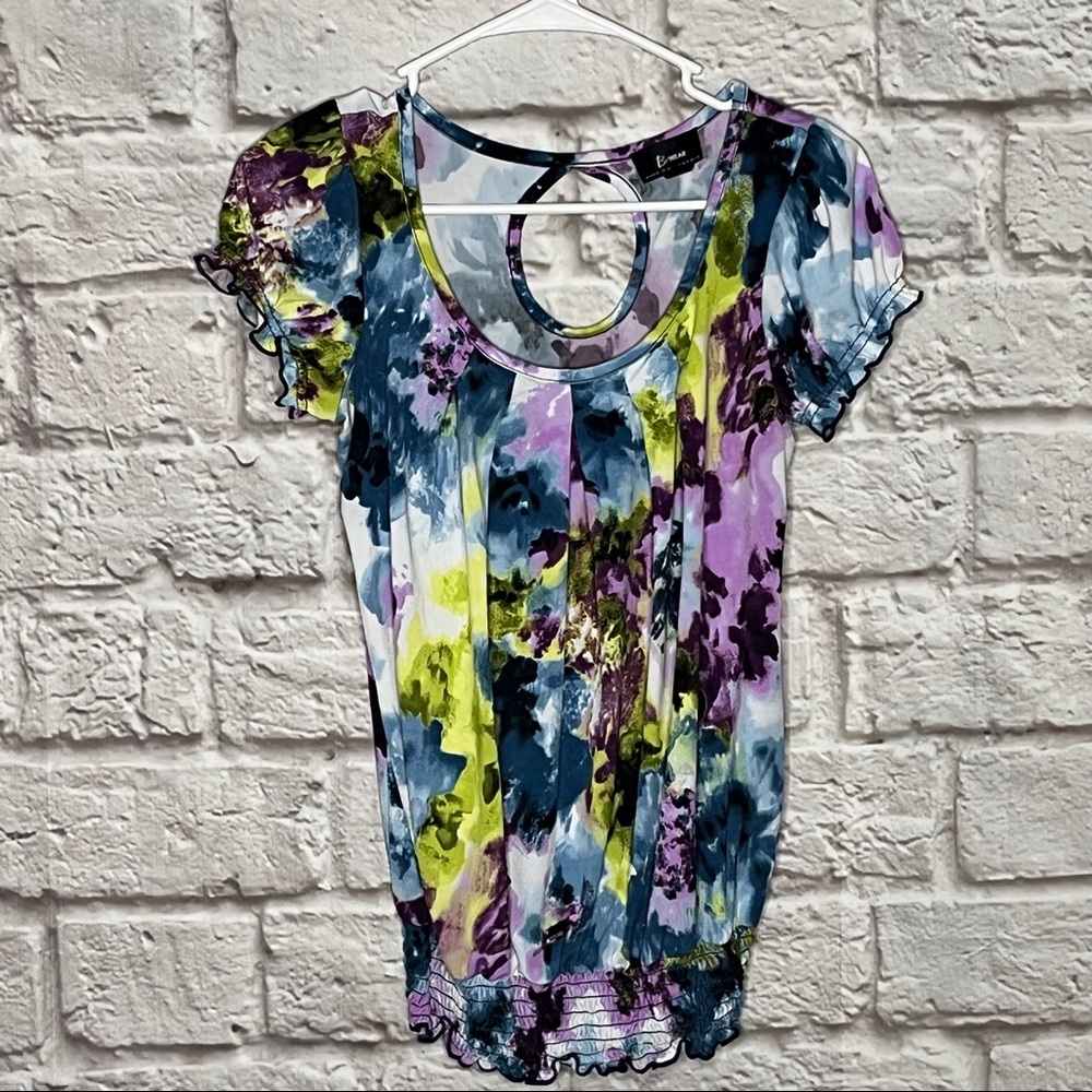 B. Wear Moss Floral Print Top Ruffle Sleeve Keyhole Back Casual Blouse Size S‎